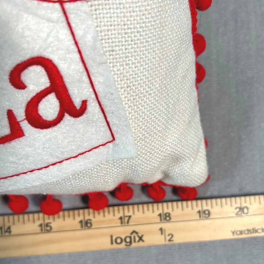 Christmas Holiday Fa La La Tea Bag Decorative Throw Pillow with Pom Poms Red Zip